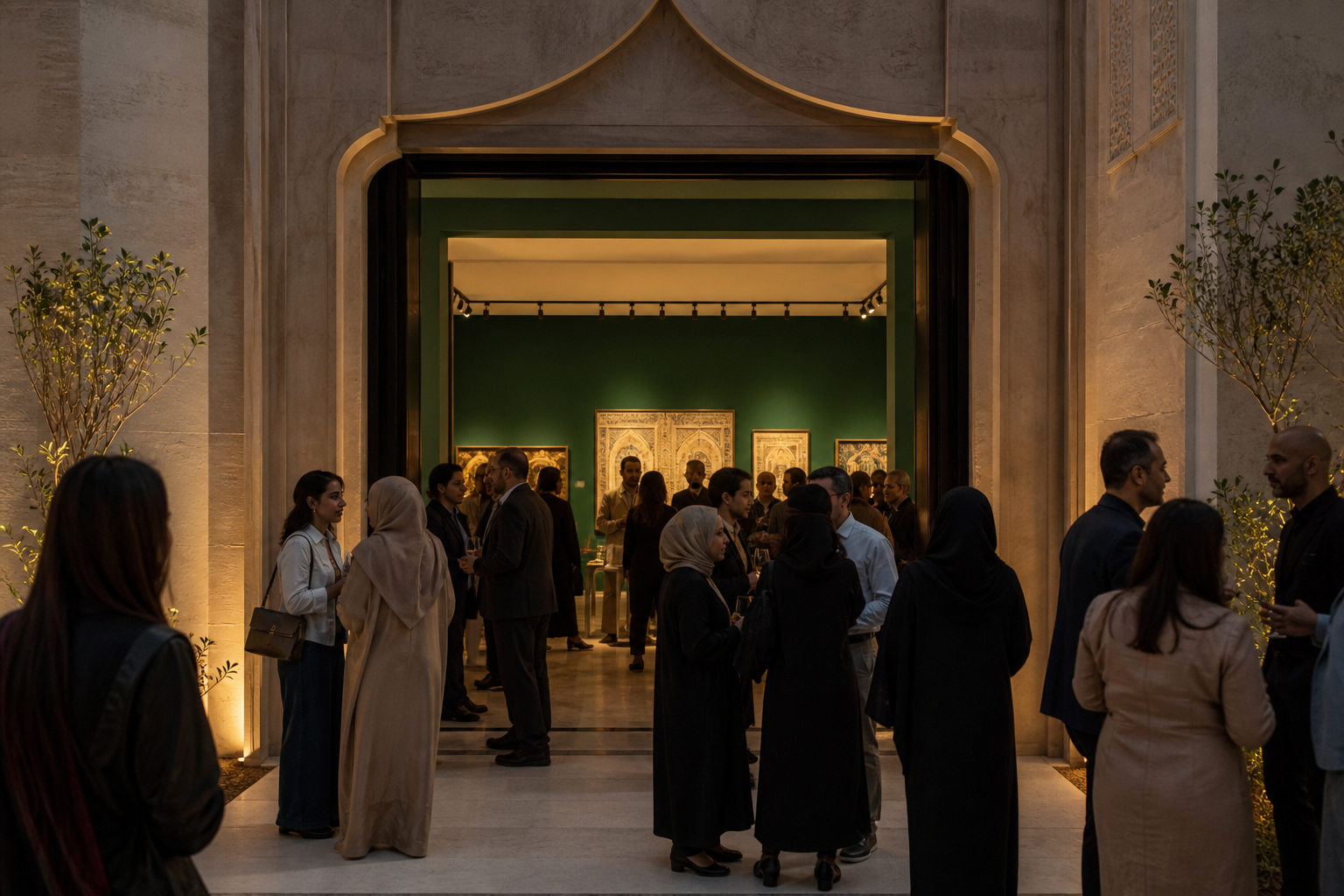 افتتاح معرض في بهو متحف بإضاءة مسائية دافئة